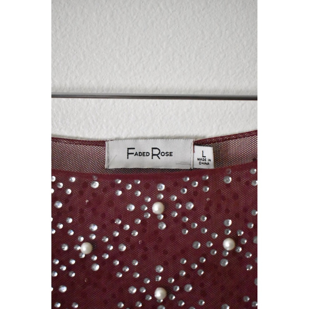 Faded Rose Mesh Top Women Large Burgundy Modern Pearl Rhinestone Embellished M8 - Picture 9 of 10